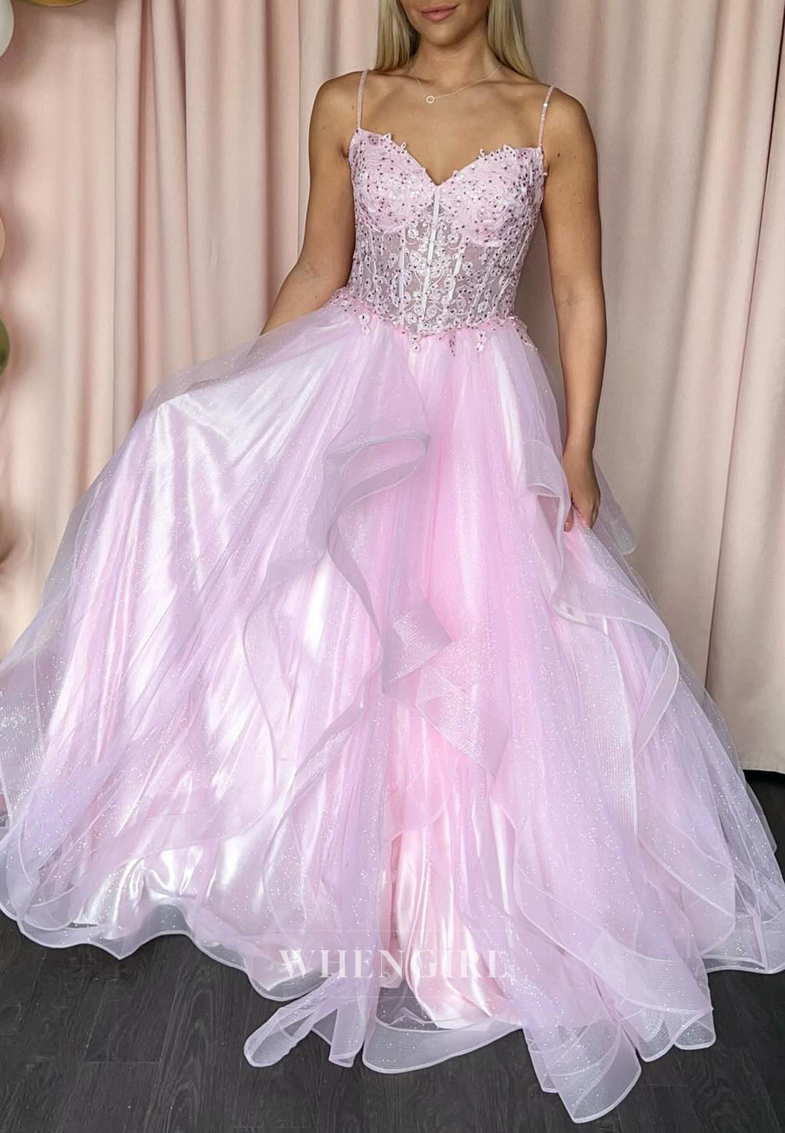Pink Sweetheart Spaghetti Straps Ruffles Beaded A-Line Prom Dress