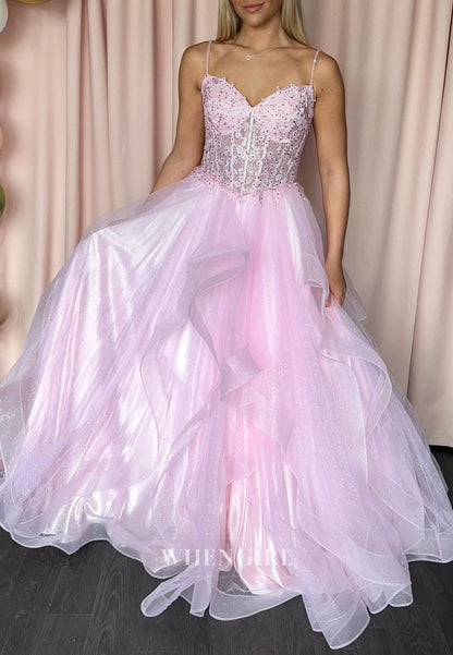Pink Sweetheart Spaghetti Straps Ruffles Beaded A-Line Prom Dress