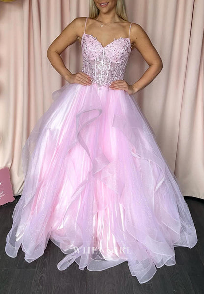 Pink Sweetheart Spaghetti Straps Ruffles Beaded A-Line Prom Dress