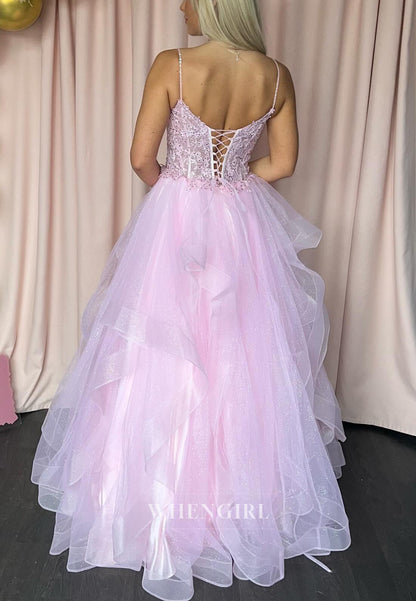 Pink Sweetheart Spaghetti Straps Ruffles Beaded A-Line Prom Dress
