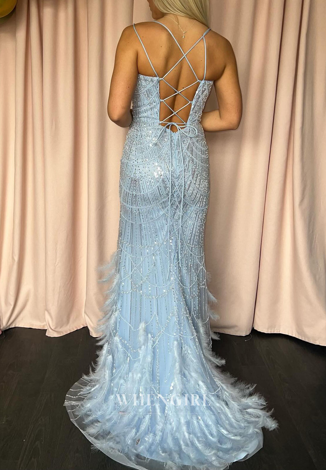 Blue Mermaid V Neck Spaghetti Straps Feathers Mermaid Prom Dress
