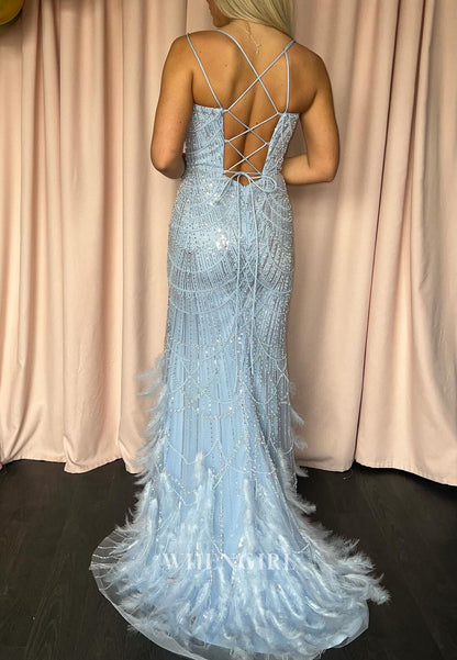 Blue Mermaid V Neck Spaghetti Straps Feathers Mermaid Prom Dress