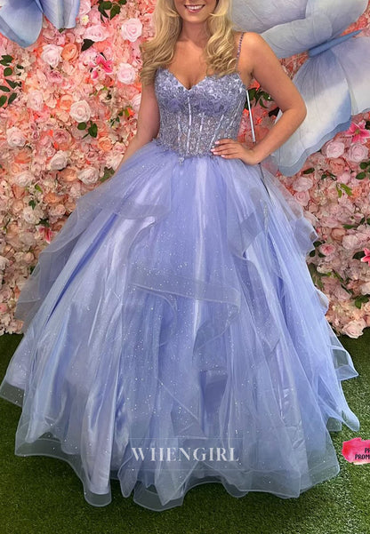 Lavender Sweetheart Spaghetti Straps Beaded Ruffles A-Line Prom Dress