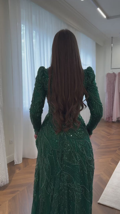 Teal Bateau Neck Long Sleeves Beaded A-line Evening Formal Dress