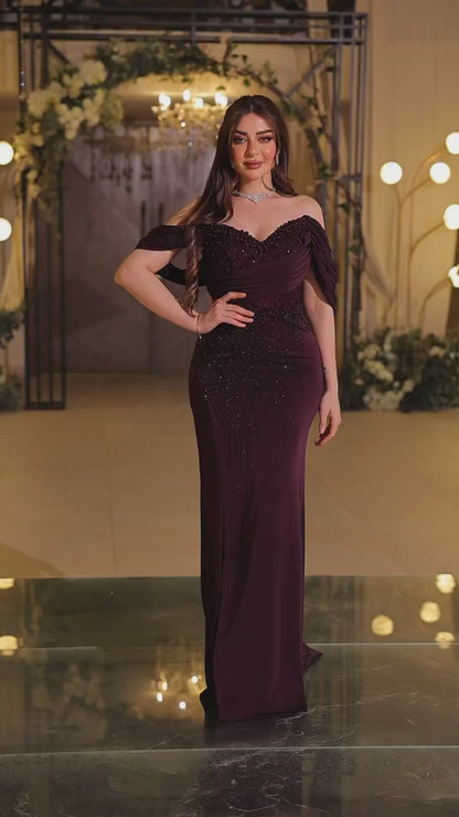Raspberry Off Shoulder Beaded Mermaid Long Formal Evening Dress with Side Slit