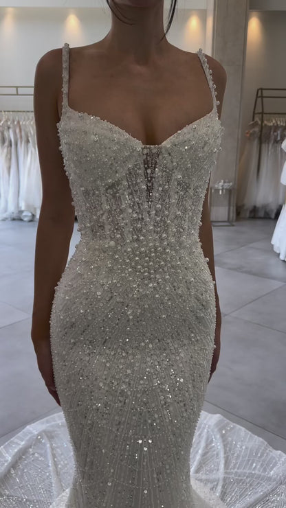 Sweetheart Sleeveless Beaded Sheath Wedding Dress with Sweep Train