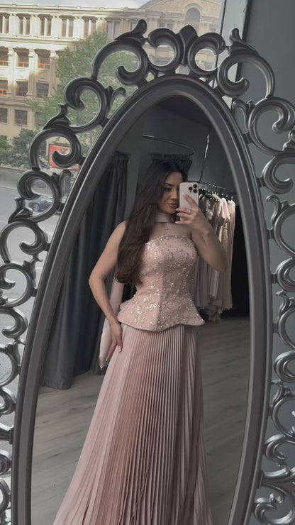 Dusty Pink Off Shoulder Beaded Pleated A-Line Sweep Train Evening Formal Dress with Scarf