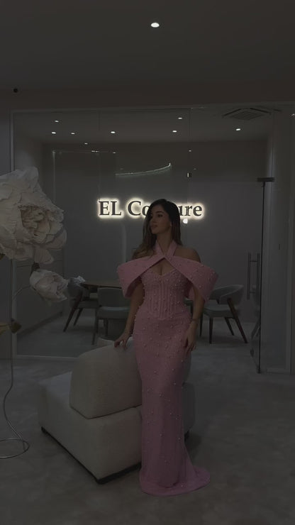 Candy Pink Asymmetrical Neck Pearls Beaded Sheath Formal Prom Dress