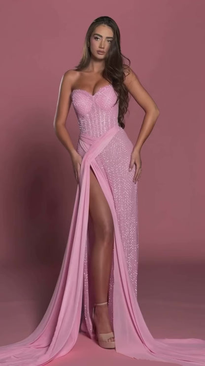 Pink Swetheart Sleeveless Side Slit Sheath Sweep Train Prom Dress
