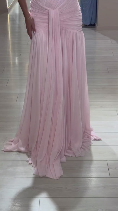 Pink Sheath V Neck Sleeveless Pleated Chiffon Prom Dress
