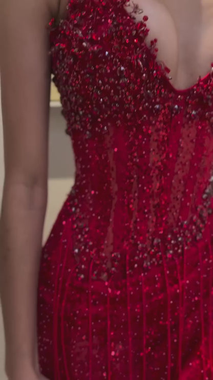 Red Beaded Sweetheart Sleeveless Tassels Side Slit Prom Party Dress