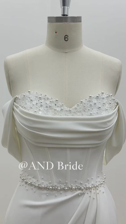 Mermaid Sweep Train Sweetheart Pearls Beaded Pleated Back Zipper Wedding Dress