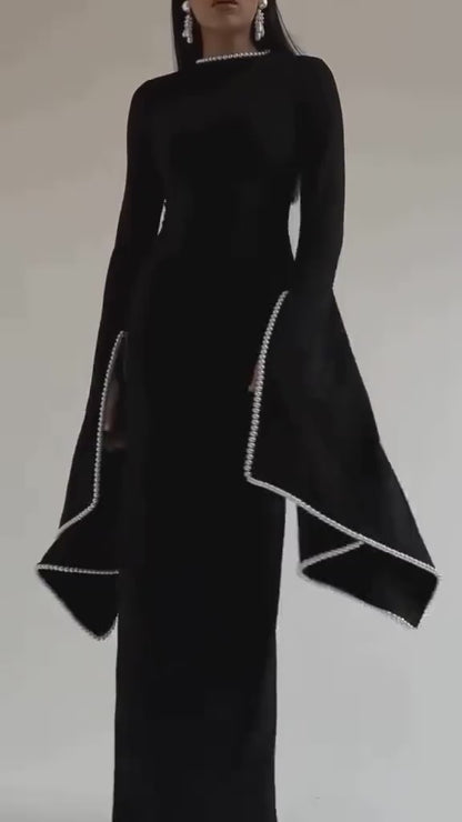 Sheath Beateau Neck Floor Length Formal Dress Long Sleeves Beaded Pearls Evening Gown