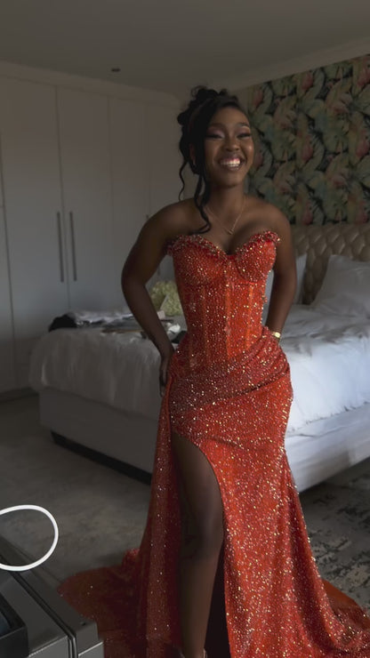 Orange Sweetheart Beaded Rhinestones Sleeveless Side Slit Pleated Mermaid Prom Dress