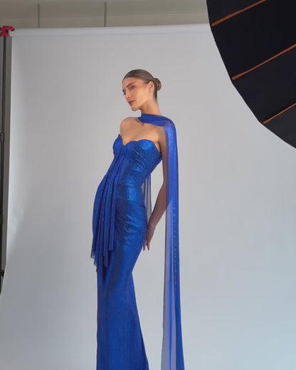 Navy Asymmetrical Neck Beaded Sheath Floor Length Prom Dress with Scarf