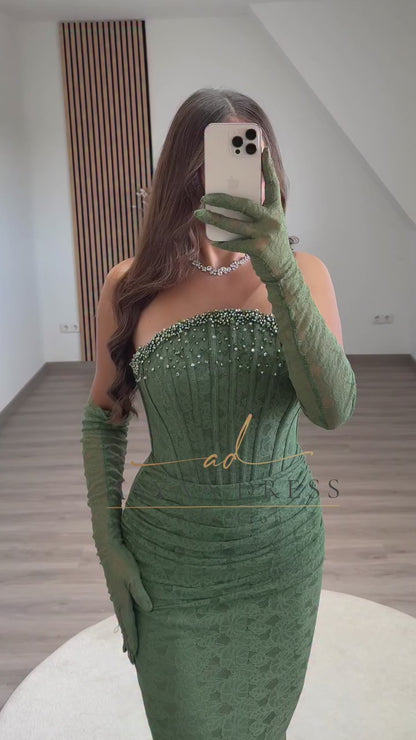 Strapless Beaded Pleated Sheath Long Lace Formal Evening Gown with Gloves