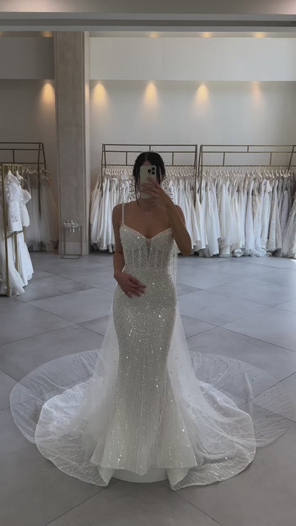 Sweetheart Sleeveless Beaded Sheath Wedding Dress with Sweep Train