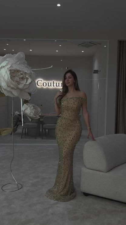 Sheath Asymetrical Neck Sleeveless Full Beaded Evening Prom Dress