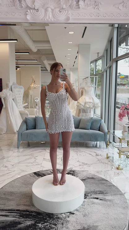 Sheath V Neck Pearls Beading Sleeveless Lace Short Wedding Dress