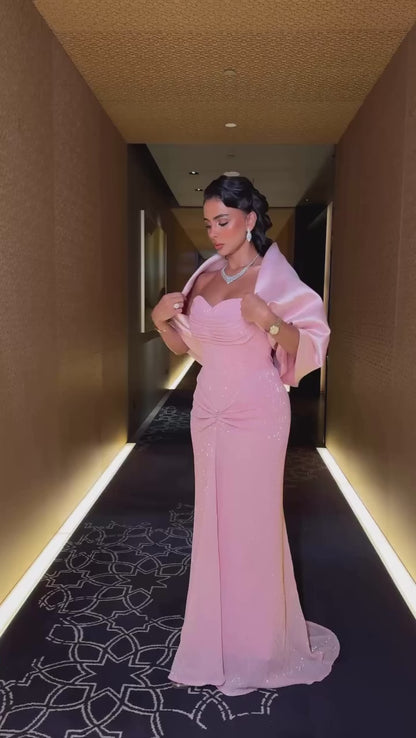 Candy Pink Sparkly Sweetheart Pleated Sheath Evening Formal Dress with Cape