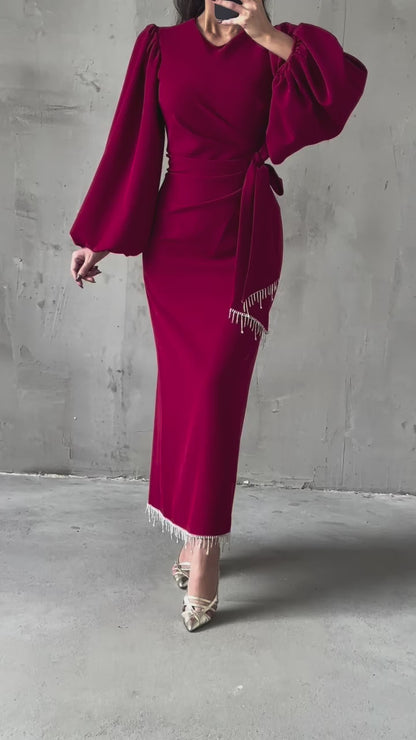 Sheath Long Puff Sleeves Tassel Ankle Length Formal Dress V Neck Pleated Evening Gown