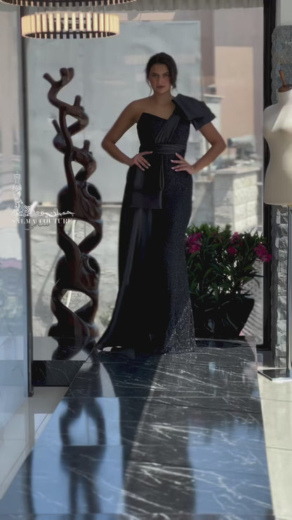 Sheath Black One Shoulder Bowknot Beaded Sleeveless Floor Length Mother of the Bride Dress