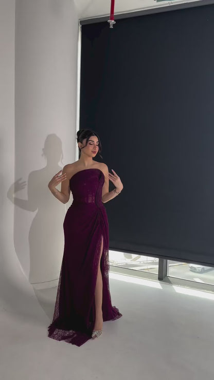 Grape Strapless Lace Up Sleeveless Pleated Side Slit Sheath Formal Evening Dress