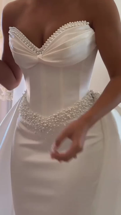 Sheath Pearls Beaded Sweetheart Sleeveless Removable Chapel Trian Wedding Dress