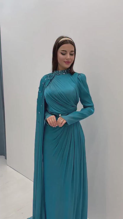 Peacock High Neck Rhinestones Beaded Long Sleeves Pleated Long Evening Party Gown