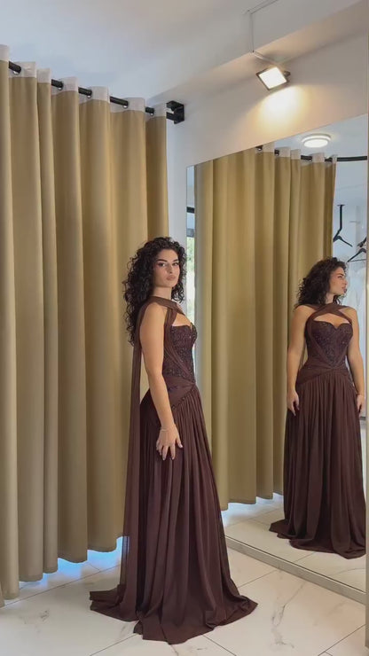 Chocolate Cross Neck Sleeveless Beaded Pleated Column Evening Formal Dress