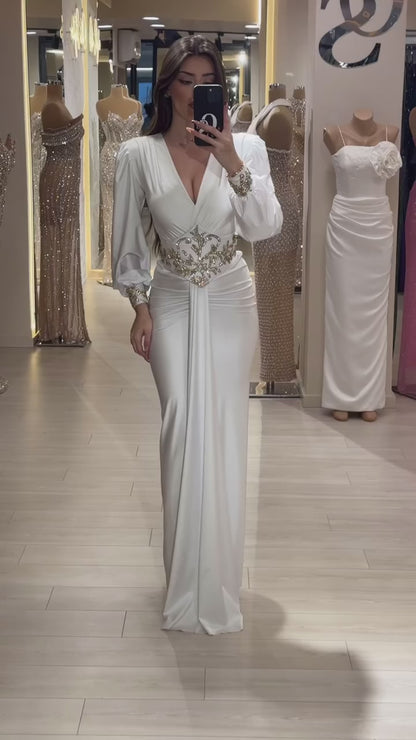 Ivory V Neck Beaded Pleated Sheath Formal Dress Floor Length Long Sleeves Evening Gown