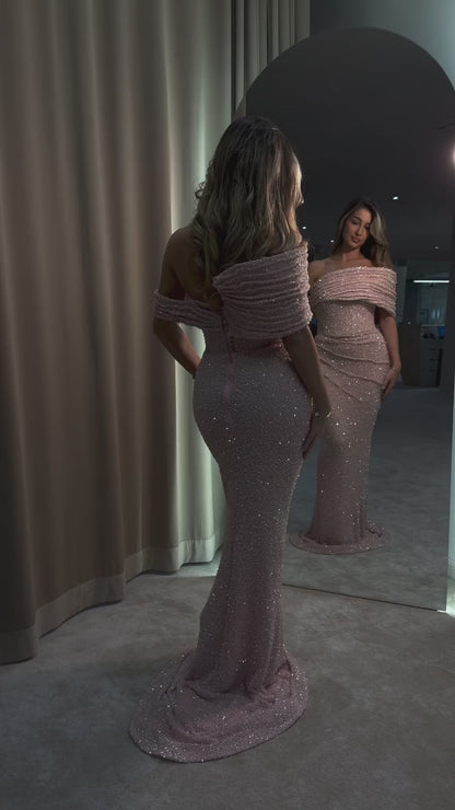 Light Pink Sparkly Off Shoulder Pleated Beaded Sheath Prom Dress