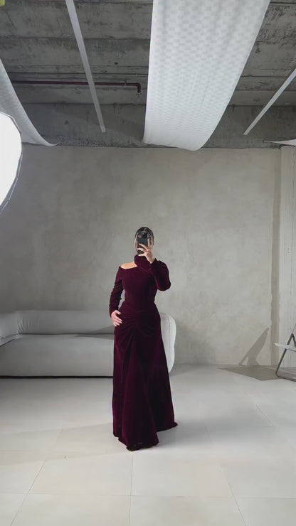 Burgundy Long Sleeves Pleated Asymmetrical Neck Column Evening Formal Dress