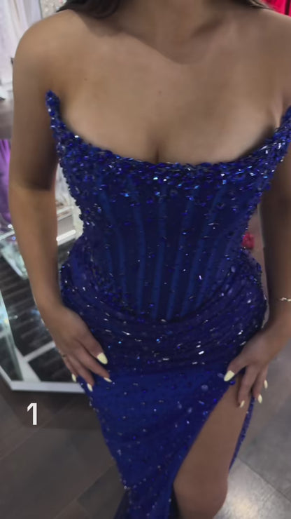 Sheath Full Beaded Strapless Sleeveless Pleated Side Slit Formal Prom Dress