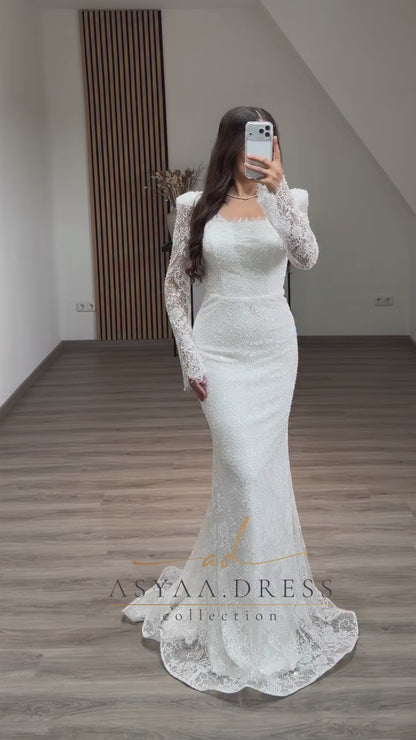 Mermaid Beaded Square Neck Long Sleeves Beaded Lace Evening Formal Dress