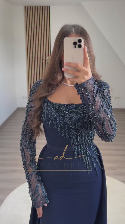 Navy Square Neck Long Sleeves Beaded Sheath Sweep Train Formal Evening Dress