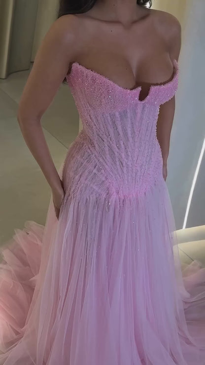 A-Line Asymmetrican Neck Sleeveless Beaded Tulle Prom Dress