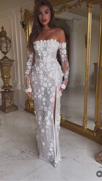 Sheath Tube Top Side Slit Apppliqued Lace Detachable Long Sleeeves Wedding Dress