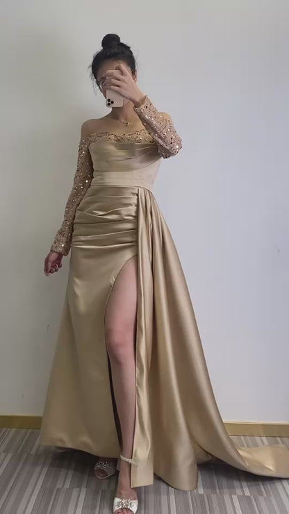 Sheath Off SHoulder Long Sleeves Pleated Long Prom Dress with Slit and Train