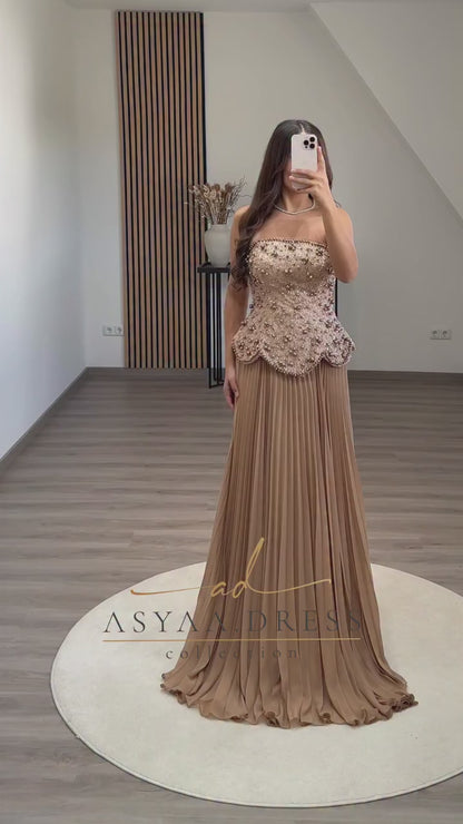 Tube Top Beaded Sleeveless Pleated A-Line Evening Formal Dress