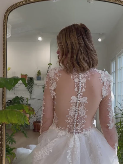 A-Line Long Sleeves Appliquede Lace Buttons Court Train Wedding Dress