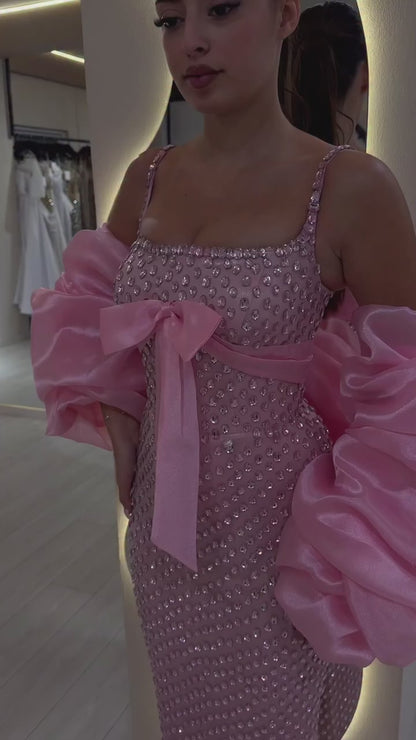 Pink Square Neck Spaghetti Straps Bowknot Full Rhinestones Sheath Prom Dress with Cape
