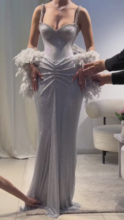 Silver Sweetheart Beaded Straps Pleated Sheath Long Formal Gown with Feather Cape