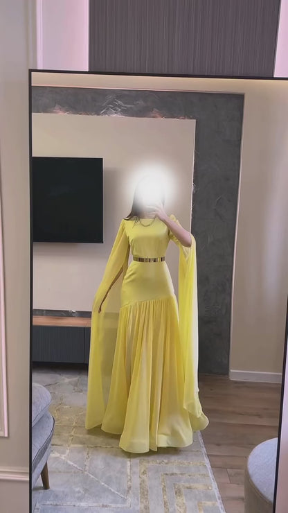 Sheath Bateau Neck Long Sleeves Pleated Chiffon Evening Formal Dress