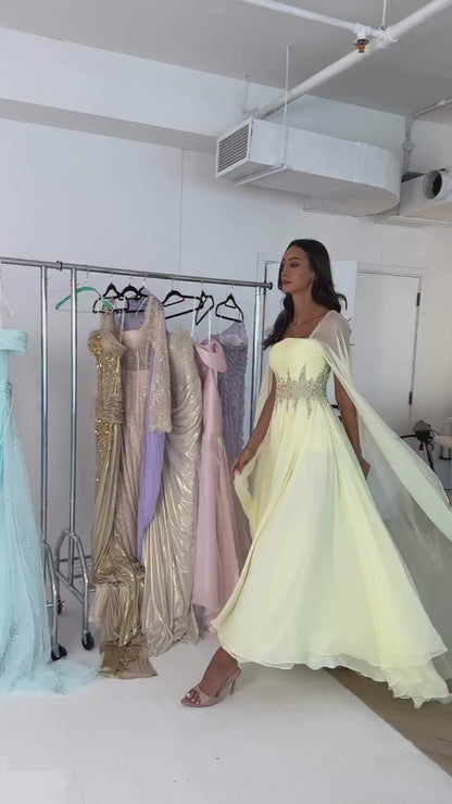 Light Yellow Square Neck Long Sleeves Beaded Side Slit Back Zipper A-Line Evening Formal Dress