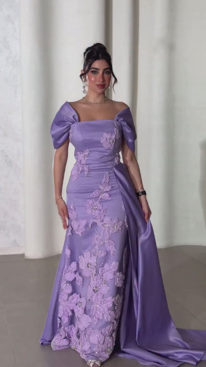 Violet Square Neck Short Sleeves Beaded Flowers Mermaid Evening Formal Dress