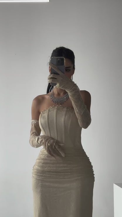 Strapless Sheath Lace Up Beaded Lace Long Formal Evening Dress with Gloves