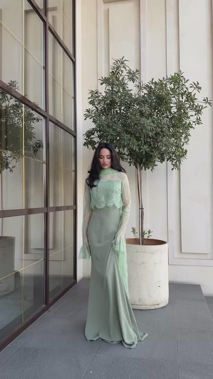 Sheath Long Sleeves Lace Top High Neck Evening Dress with Scarf