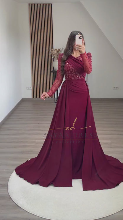 V Neck Pleated Long Sleeves Beaded Sheath Formal Evening Gown with Sweep Train