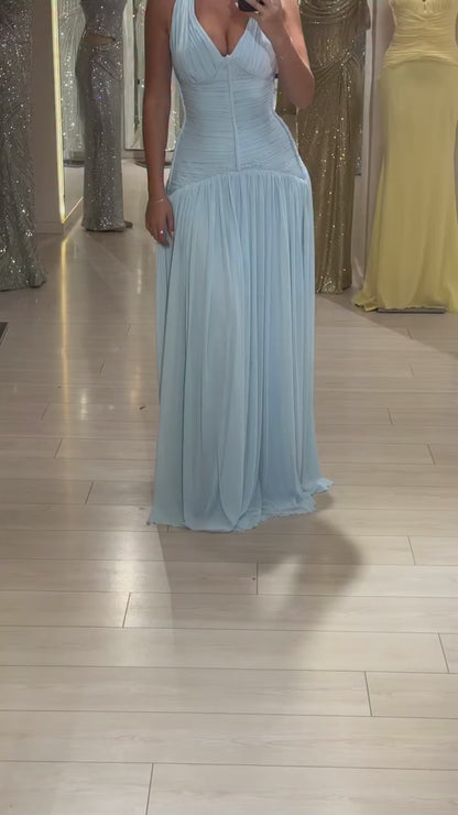 Sky Blue Halter Sleeveless Pleated Chiffon Column Evening Formal Dress